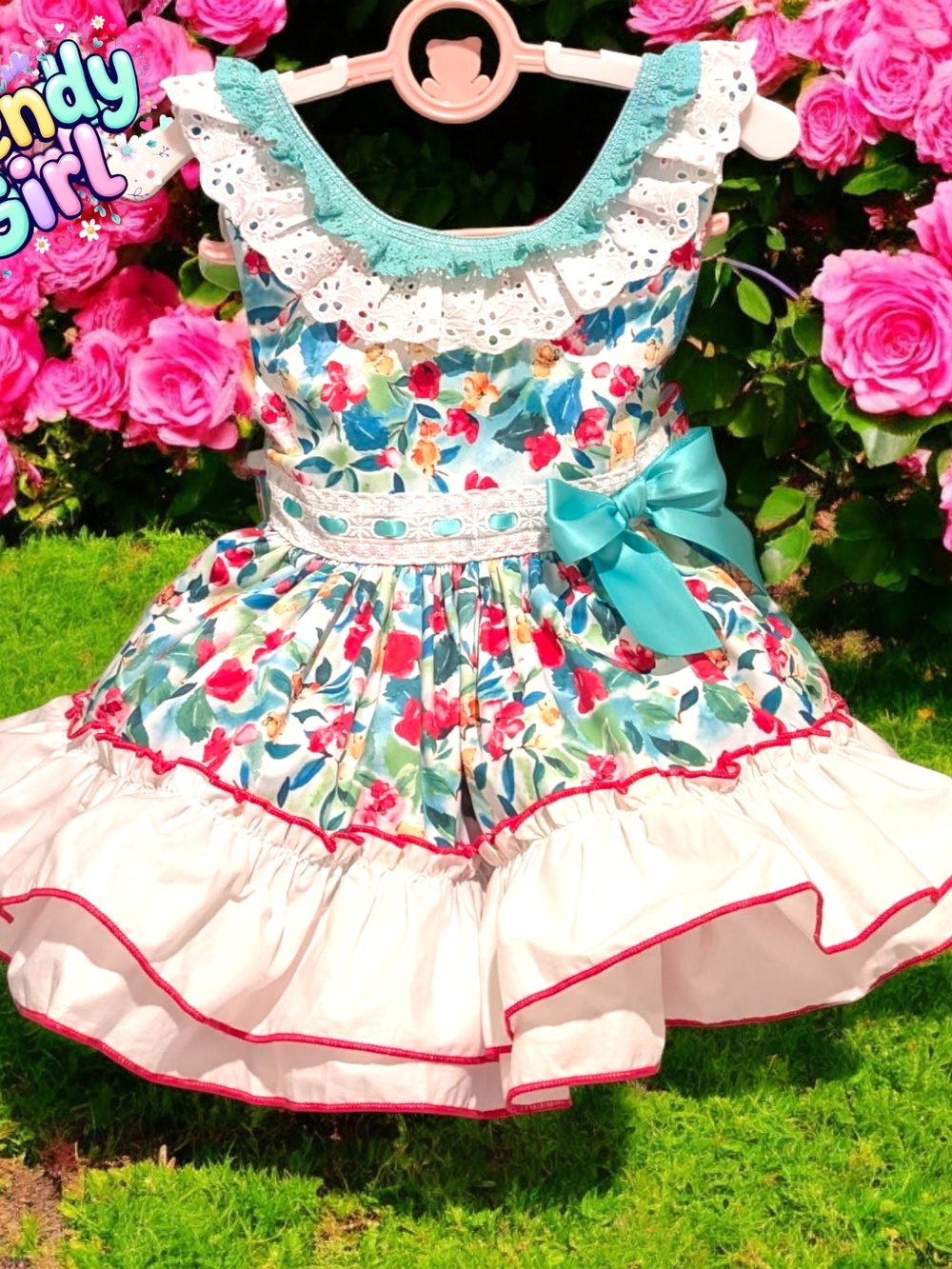 Floral Ruffle Bow Dress - Teal & Pink